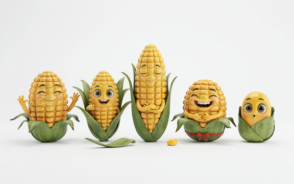 Happy cartoon corn family with different emotions during a studio photoshoot Isolated on transparent background