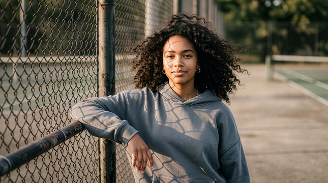 Portrait of a confident young woman with curly hair leaning on a chain link fence at a park