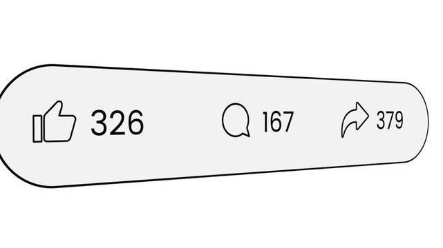 Social media text counter increasing likes, comments and shares animation isolated on white background