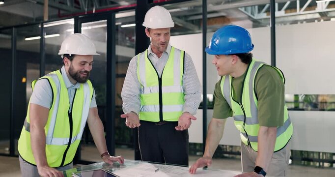 Happy, architect and team in meeting with high five, good news and agreement for architecture. Smile, people and documents in office for celebration, construction achievement and building development