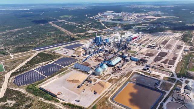 Aerial view of an industrial paper mill factory