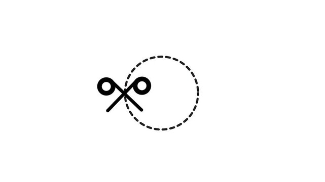 Black scissors cutting dashed circle icon animation isolated on white background