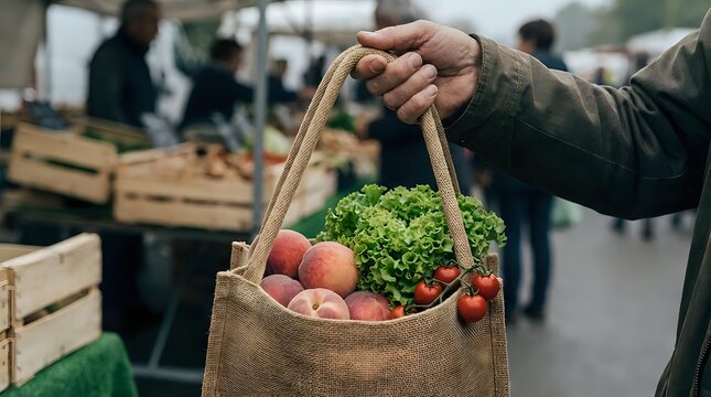 Person holding burlap bag filled with fresh produce including red apples and green leafy vegetables at farmers market or outdoor agricultural event.