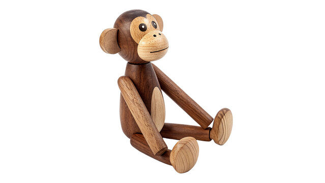 Small wooden toy monkey handmade articulated toddler plaything object isolated on transparent background