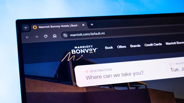 Marriott Bonvoy website travel booking portal on laptop computer screen.