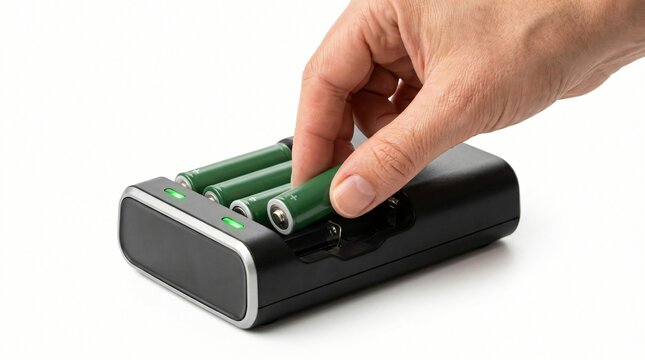 Close-up of a hand inserting green AAA batteries into a black charging station with illuminated indicator lights on a clean white background