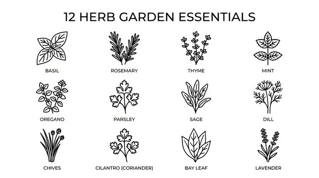 Illustrated Guide to Twelve Essential Herbs for Home Gardening Enthusiasts.