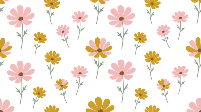 Seamless pattern with pink and yellow cosmos flowers isolated on white background
