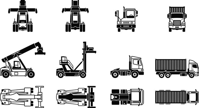 Black and white harbor logistics heavy machinery forklift straddle carrier container truck shipping icons sheet