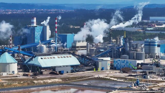 Industrial pulp and paper mill releasing smoke from chimneys