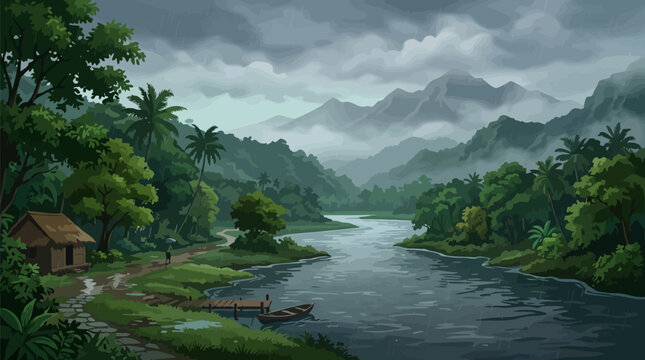 Tropical rainforest landscape with hut boat and river under cloudy weather