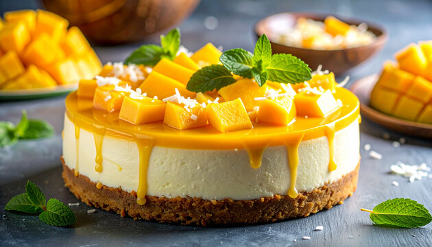 Mango coconut cheesecake with tropical creamy layers and glossy glaze macro