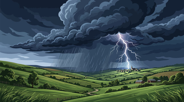 Stormy rural landscape with lightning striking over countryside village