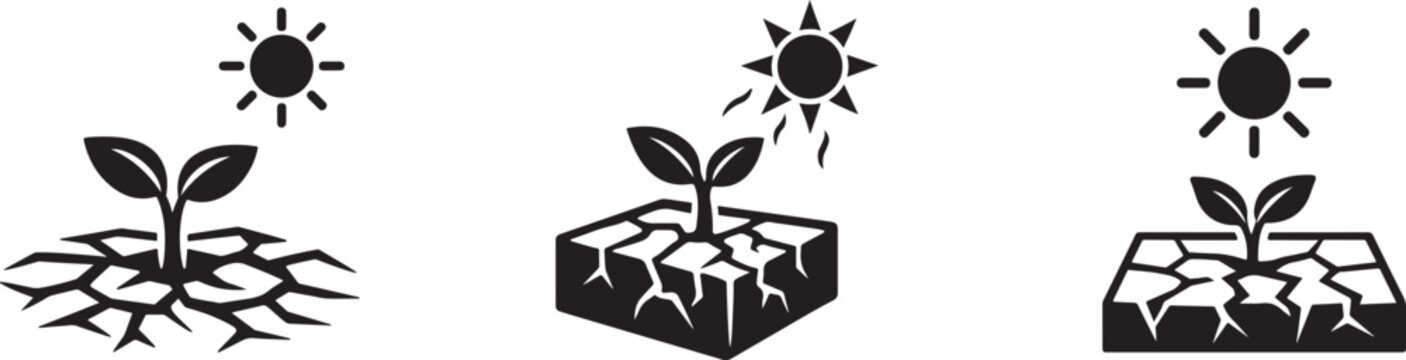 Drought and soil aridity icon collection with climate change, desertification and agriculture vectors.