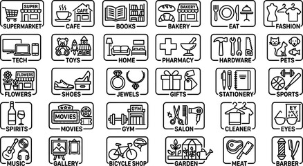 Obraz premium Commercial shop and service category icons with business commercial pharmacy stationery category commerce