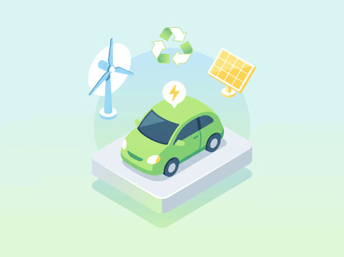 Green car on a platform with wind turbine and solar panel eco friendly