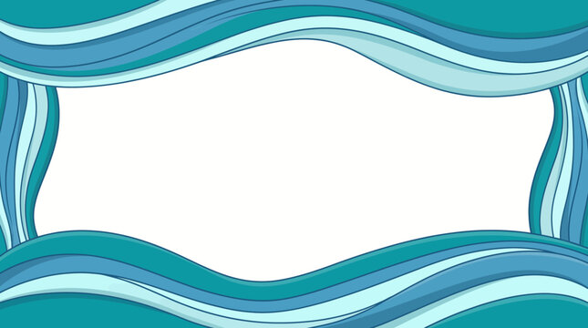 Vibrant teal wavy lines form an abstract frame on a white background