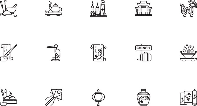 Chinese Culture & Travel icon set highlighting Asian heritage featuring traditional tea ceremonies modern skylines historic arch gates and hanging scrolls outline vector graphic
