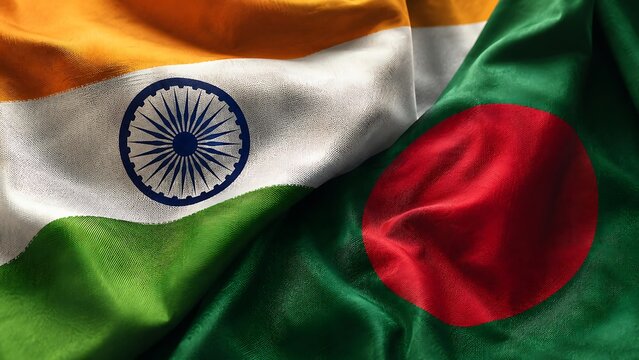 Vibrant Indian and Bangladeshi flags waving together, symbolizing unity, friendship, and cultural ties between nations