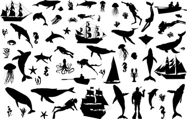 Obraz premium Marine set, whales, jellyfish, shark, scuba diver, ship, boat, stingray, scorpionfish, fish, silhouette, vector
