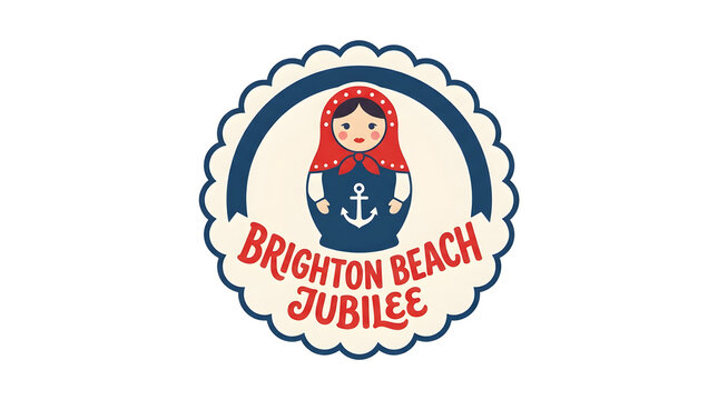 Brighton Beach Jubilee vintage nautical festival badge. Retro anchor and matryoshka mascot logo design for maritime celebrations.