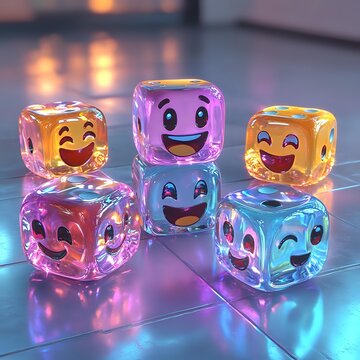 Translucent glowing dice with smiling emoji faces in pink, purple, yellow and blue neon colors, arranged on reflective surface with bokeh lights, suitable for gaming and entertainment design.