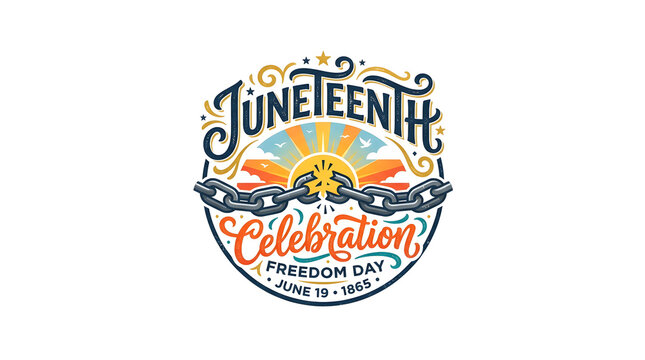 Juneteenth freedom celebration emblem with sunrise and broken chains. Vibrant holiday graphic symbolizing emancipation and African American heritage.