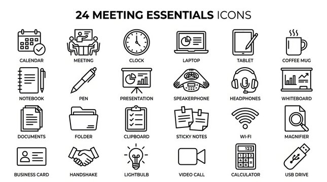 Collection of twenty-four common office meeting essentials and icons displayed.