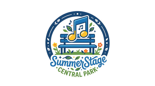 Summer concert logo with music note. Park event branding icon