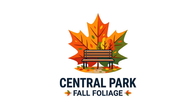 Central Park autumn festival logo with flaming maple leaves. Vibrant fall foliage emblem for seasonal events and tourism promotions.