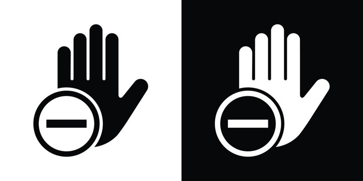 Minimalist vector icon showing a raised hand and a minus subtraction sign inside a circle, symbolizing remove, decline, restriction, or negative action.