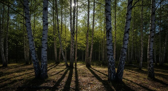 Moonlight filtering through the delicate leaves of a silver birch tree grove
