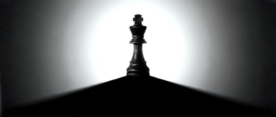 Obraz premium Queen chess piece silhouetted against bright backlit glow, symbolizing leadership, strategy, and power for business and game concepts.