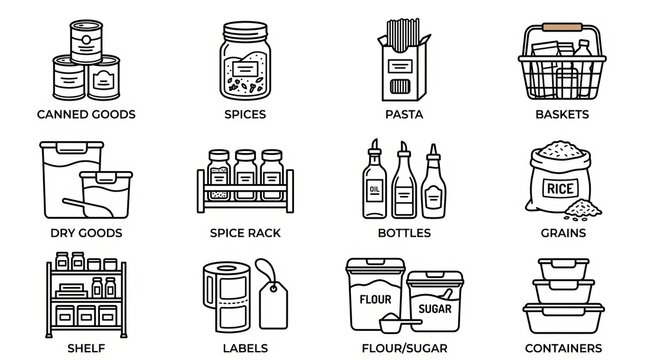 Organized pantry icons showcasing food storage solutions for home organization.