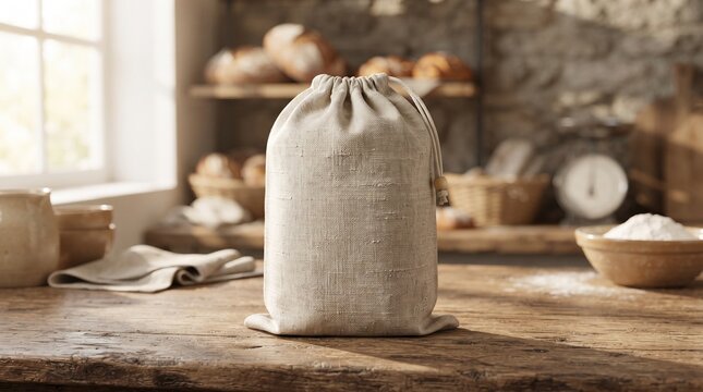 A burlap sack sits on a rustic wooden table in a bakery with bread and flour.