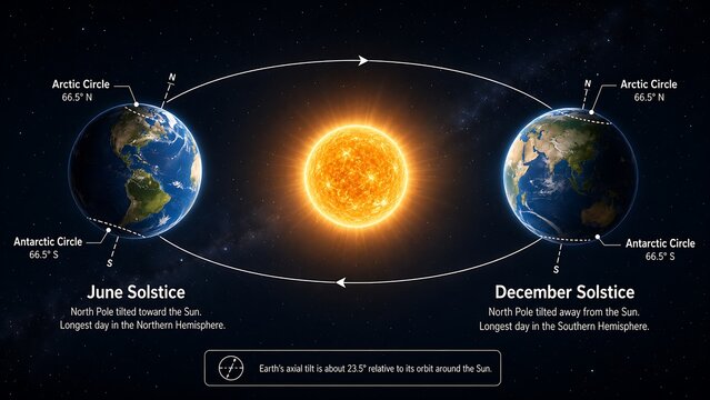 Detailed illustration of Earth's orbit around the Sun showing solstices, equinoxes, and axial tilt