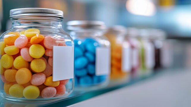 Colorful candy jars filled with various sweets displayed in a bright shop setting