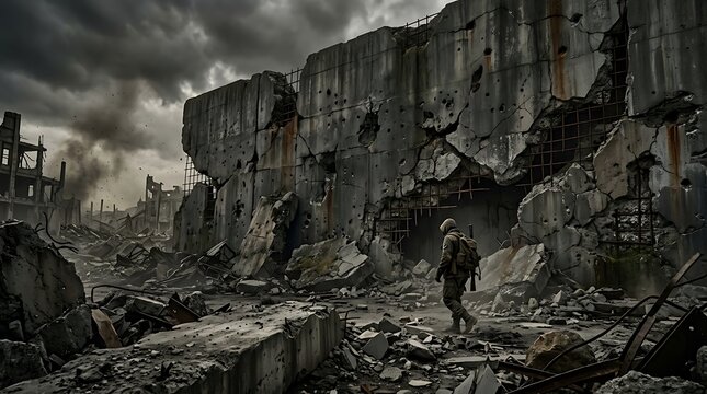 Desolate post-apocalyptic war zone landscape scene.