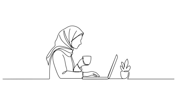 Minimalist single line art of a woman in hijab working on a laptop with continuous
