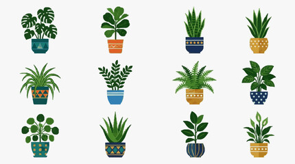 Fototapeta premium Modern Illustrated Collection of Colorful Potted Houseplants in Stylish Ceramic Pots with high quality professional line art symbols for modern creative design and digital branding projects