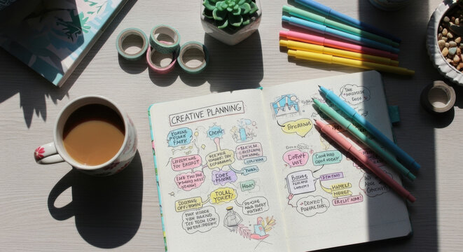 Creative Planning Mind Map With Coffee And Stationary Supplies