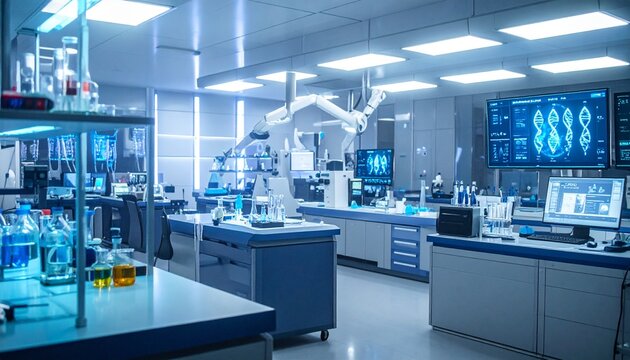 Advanced biotech lab with robotic DNA sequencing machines. Modern research facility featuring automated genomics equipment and high-tech instrument...