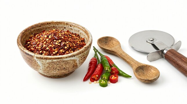 A rustic ceramic bowl filled with vibrant red chili flakes and whole chilies, accompanied by fresh green and red chili peppers, a wooden spoon, and a pizza cutter on a clean white background