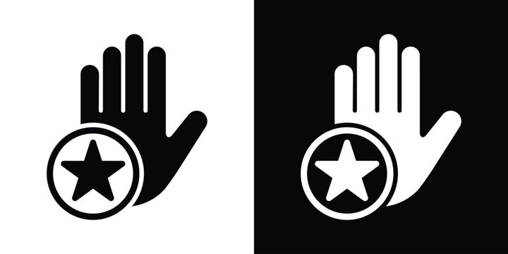 Vector icon set showing a raised open hand paired with a star badge symbol inside a circle, perfect for rating, favorites, premium quality, or expert approval.