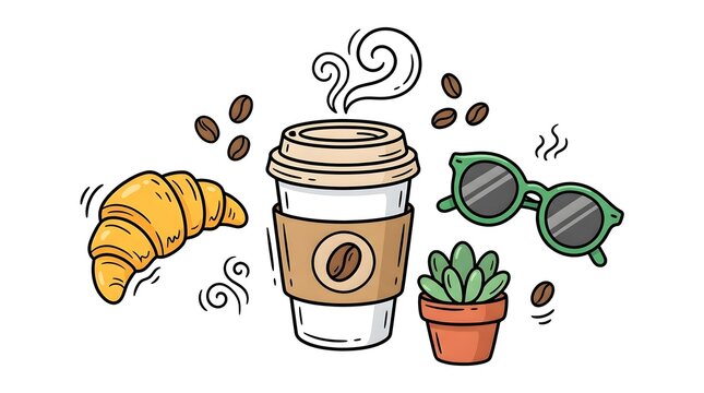 Doodle illustration of a takeaway coffee cup croissant sunglasses and succulent