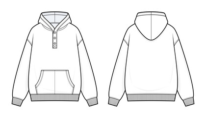 Henley Button Pullover Hoodie Sweatshirt Unisex Technical Fashion Flat Sketch CAD Vector Template. Front and Back View Blank Kangaroo Pocket Mockup. © aiven studio