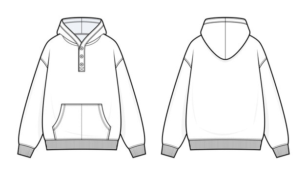 Henley Button Pullover Hoodie Sweatshirt Unisex Technical Fashion Flat Sketch CAD Vector Template. Front and Back View Blank Kangaroo Pocket Mockup.
