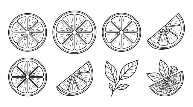 Set of 8 Minimalist Citrus Line Art - Orange Lemon Lime Slices and Leaves Illustration