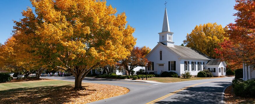 Sunlit historic Protestant church surrounded by colorful fall leaves under a bright blue sky.