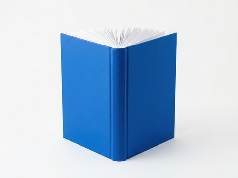 A single blue hardcover book standing upright with open pages showing a clean and minimalist design for education and reading isolated on white background